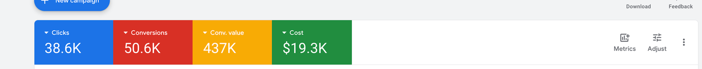 Google Ads dashboard metrics for this campaign